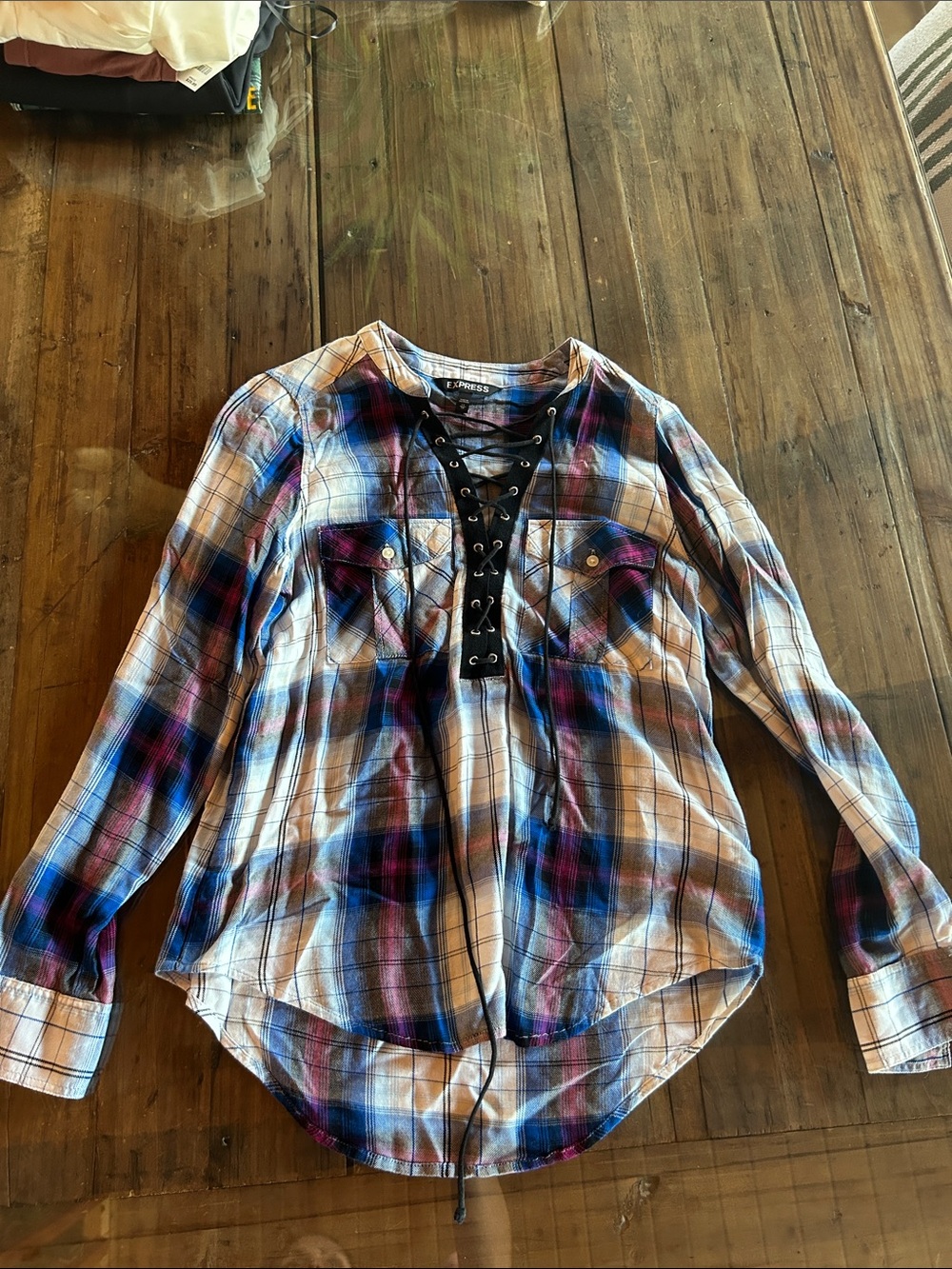 Express Lace-Up Plaid Button-Down Shirt in Blue and Purple